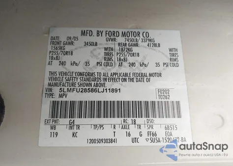 2006 Lincoln Navigator Luxury/Ultimate из США, поврежденный, VIN 5LMFU28586LJ11891